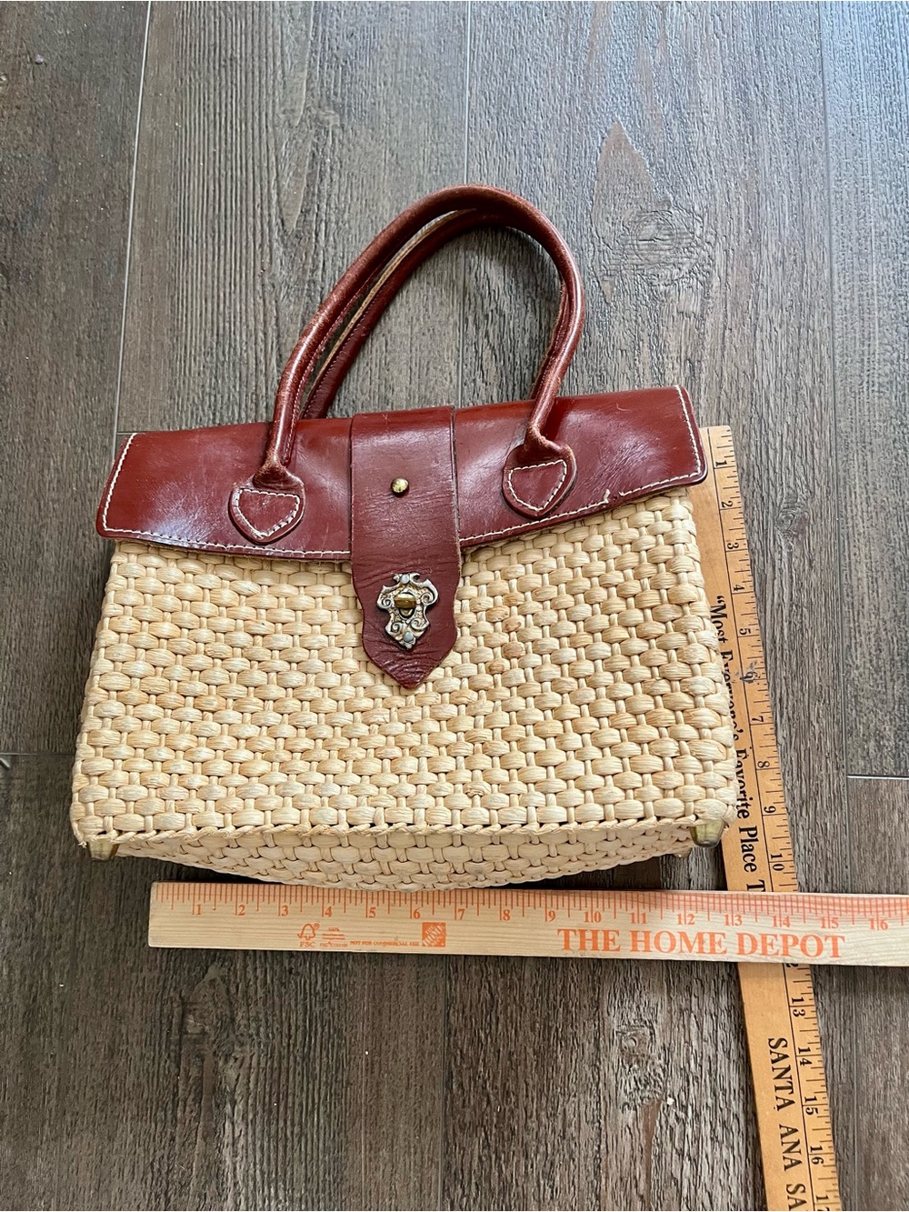 Brown Leather & Natural Woven Tote Handbag 10/13 Inches - Picture 6 of 10